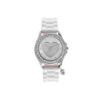 Womens Heart Dial Crystal Accent Red Strap Watch, Whtie