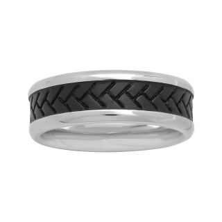 Mens 8mm Two Tone Stainless Steel Tire Tread Band, White