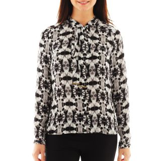 Worthington Long Sleeve Button Front Bow Blouse, Blk/wht Refraction