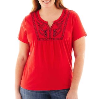 St. Johns Bay St. John s Bay Short Sleeve Embroidered Tee   Plus, Red, Womens