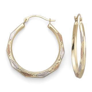 14K Gold Tri Tone Aztec Hoop Earrings, Womens