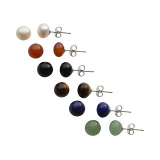 Genuine Gemstone & Cultured Freshwater Pearl Stud 6 pr. Earring Set, Womens