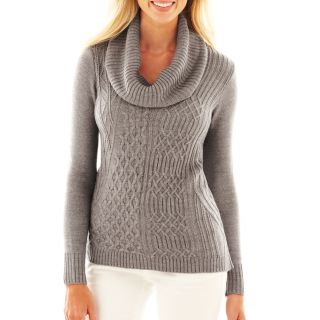 Cowlneck High Low Cable Sweater   Petite, Grey, Womens
