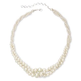 Vieste Silver Tone Pearlized Glass Bead 3 Row Twist Necklace, White