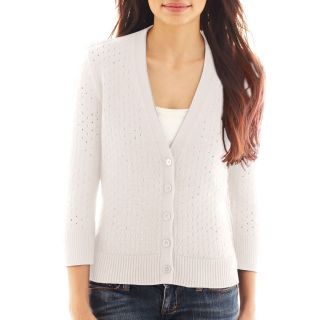 LIZ CLAIBORNE 3/4 Sleeve Pointelle Cardigan Sweater   Talls, White, Womens