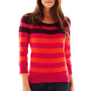 3/4 Sleeve Striped Sweater, Orange/Pink, Womens