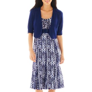 Belted Print Dress with Jacket, Navy