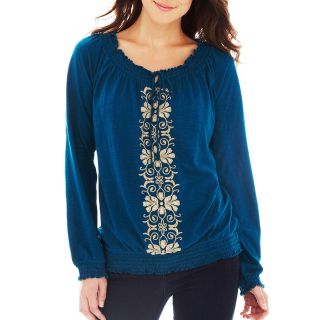 St. Johns Bay Embroidered Peasant Top, Royal Teal