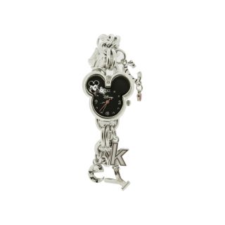 Disney Mickey Mouse Silver Tone Charm Bracelet Watch, Womens