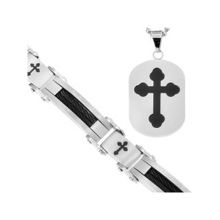 Stainless Steel Cross Dog Tag & Cable Bracelet Set, Two Tone