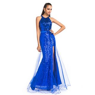 Sheath/Column Jewel Floor length Sequined And Tulle Evening/Prom Dress With Split Front