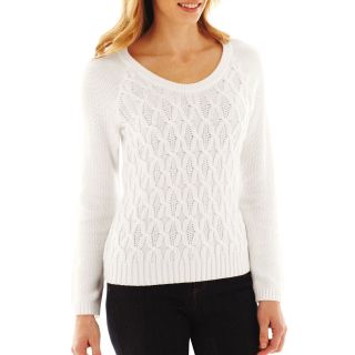 LIZ CLAIBORNE Long Sleeve Cable Knit Sweater, White, Womens