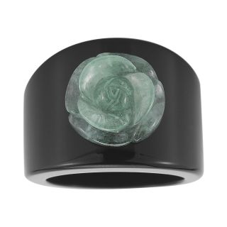 Jade & Onyx Carved Flower Ring, Green, Womens