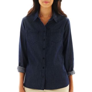LIZ CLAIBORNE Long Sleeve Roll Tab Button Front Shirt   Petite, Indigo Multi