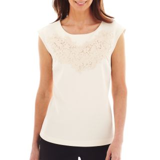 Worthington Short Sleeve Lace Embroidered Top   Tall, Egret