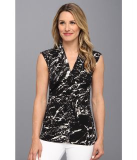 Vince Camuto Cap Sleeve Pleat V Neck Marble Stone Top Womens Blouse (Black)