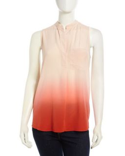 Ombre Washed Silk Blouse, Coral