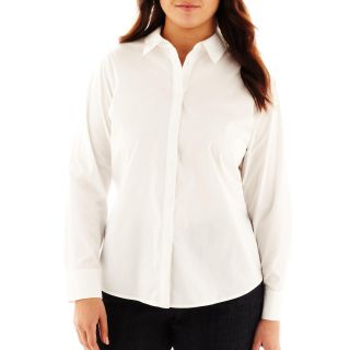 LIZ CLAIBORNE Long Sleeve Button Front Shirt   Plus, White