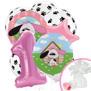 Playful Puppy Pink 1st Birthday Balloon Bouquet