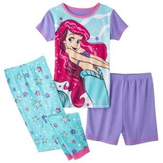Disney Princess Girls 3 Piece Short Sleeve Ariel Pajama Set   Blue 6