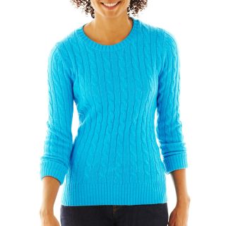 Wool Blend Cable Knit Crew Sweater   Talls, Blue, Womens