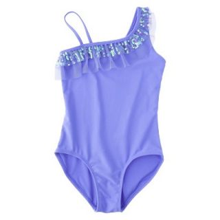 Girls 1 Piece Ruffled Asymmetrical Swimsuit   Purple L