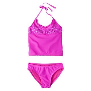 Girls 2 Piece Haltered Sequin Tankini Swimsuit Set   Pink XS