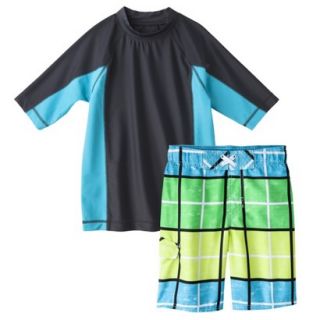Cherokee Boys Short Sleeve Rashguard and Plaid Swim Trunk Set   Blue/Grey XS