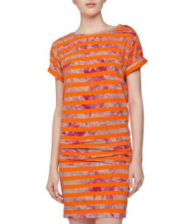 Short Sleeve Tie Dye Stripe Knit Dress, Neon Orange