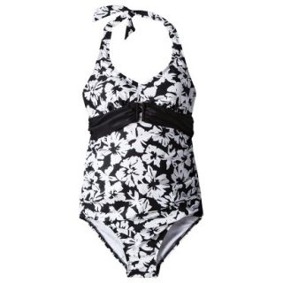 Womens Maternity Tie Neck Belted One Piece Swimsuit   Black/White XS