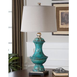 Lynden Aged Blue Ceramic Resin/ Goldtone Metal And Fabric Table Lamp