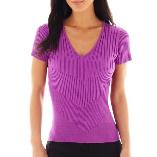 Worthington Ribbed V Neck Sweater, Purple, Womens