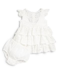 Ralph Lauren Infants Two Piece Ruffled Dress & Bloomers Set   White