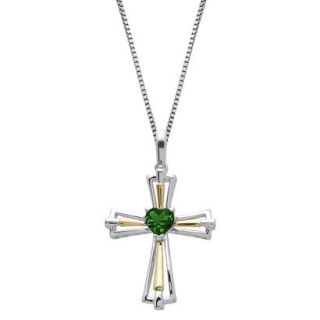 Sterling Silver and 14k Yellow Gold Created Emerald Cross Pendant   18