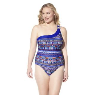 Womens Plus Size One Shoulder One Piece Swimsuit   Cobalt Blue/Multi Color 18W