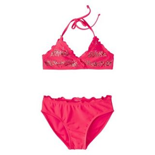 Girls 2 Piece Halter Sequin Bikini Swimsuit Set   Pink XS