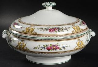 Wedgwood Columbia White (Medallion,Green Trim) Round Covered Vegetable, Fine Chi