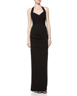Sleeveless Halter Ruched Crepe Gown, Black