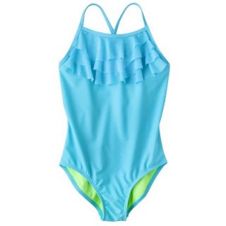 Girls 1 Piece Ruffled Swimsuit   Aqua XS