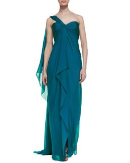 Womens One Shoulder Chiffon Gown, Peacock   Notte by Marchesa