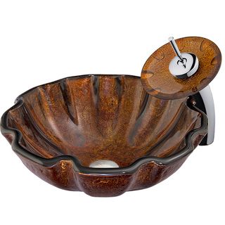 Vigo Walnut Shell Glass Vessel Sink And Waterfall Faucet Set In Brushed Nickel