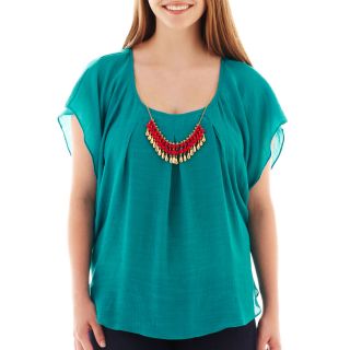 by&by Butterfly Sleeve Gauze Necklace Top   Plus, Turquoise