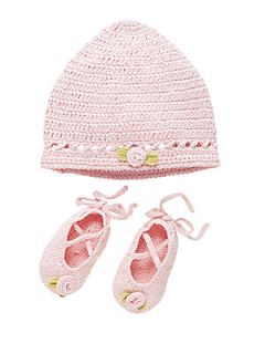 Elegant Baby Infants Two Piece Crochet Hat & Lace Up Ballerina Flats Set   Pink
