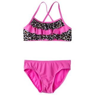 Girls 2 Piece Ruffled Leopard Spot Bandeau Bikini Swimsuit Set   Pink L