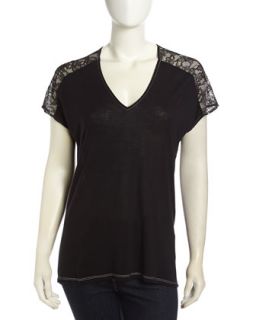 Short Sleeve Lace Inset Jersey Tee, Black