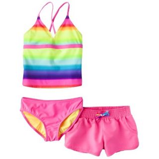 Girls 3 Piece Striped Tankini Swim Top, Bottom and Short Set   Pink XS