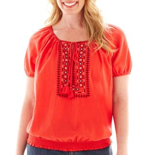 St. Johns Bay Short Sleeve Embroidered Peasant Top   Plus, Bittersweet Berry
