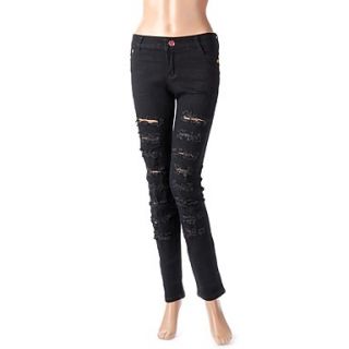 Womens Cut out Punk Pants Slim Jeans Black