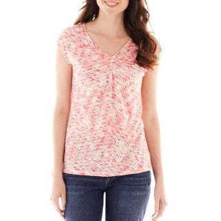 LIZ CLAIBORNE Short Sleeve Knot Front Tee   Tall, Coral Multi, Womens