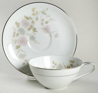 Noritake Barbara Flat Cup & Saucer Set, Fine China Dinnerware   Pink & Gray Flow